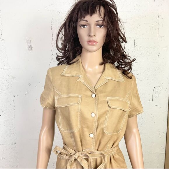 Cali Cali Tan Linen Vintage Button Front Belted Midi Safari Shirt Dress 8 - Picture 5 of 10